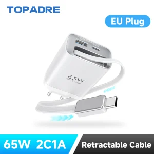 65W Fast Charger With Retractable Cable 3-Port Type-C + USB-A Travel Adapter